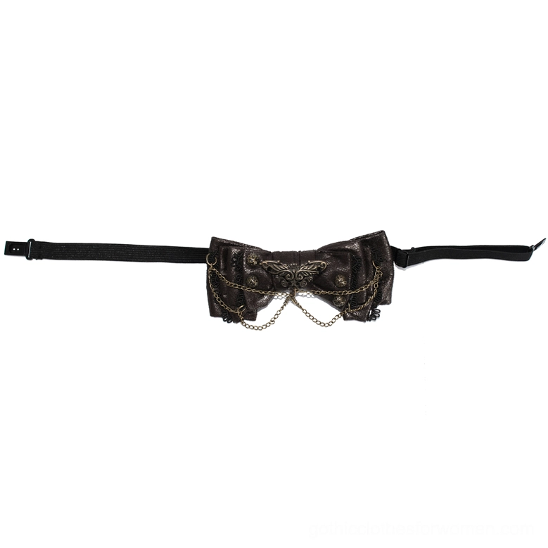 Side angle flat lay of steampunk choker showing adjustable black woven strap with plastic adjuster buckle and decorative chains