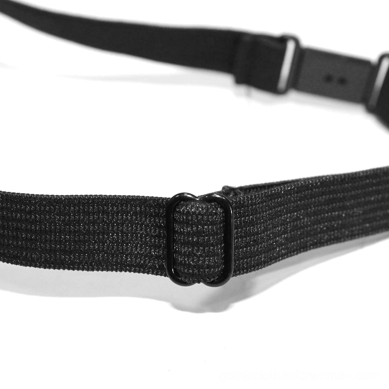Close-up detail of black woven collar strap with plastic adjuster buckle for secure fit on steampunk choker