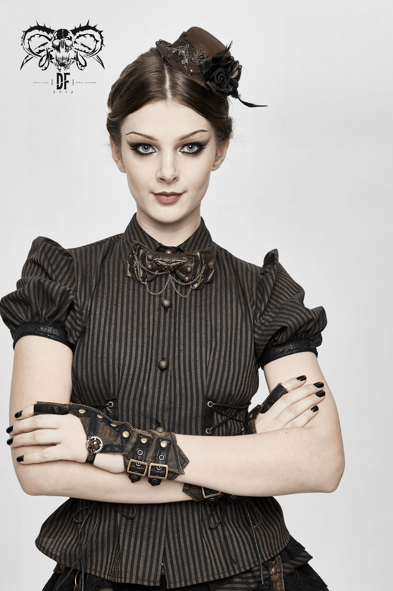 Styled flat lay of brown steampunk bow tie choker with focus on texture, metal embellishments, and gothic aesthetic appeal