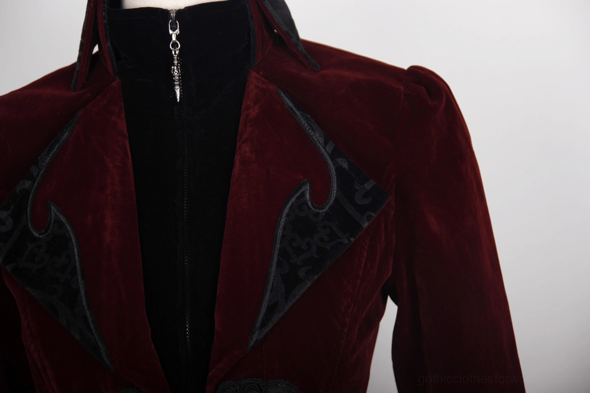Steampunk coat high stand collar close-up - embroidered lapel trims and inner zip detail