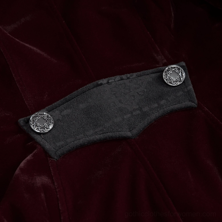 Steampunk velvet coat trim close-up - soft fabric texture and engraved metal fasteners