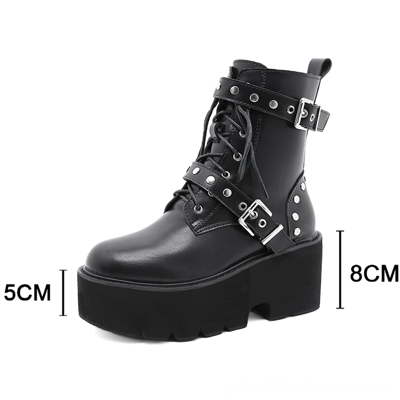 Black platform combat boots with 8cm heel and 5cm platform sole measurement details on white background