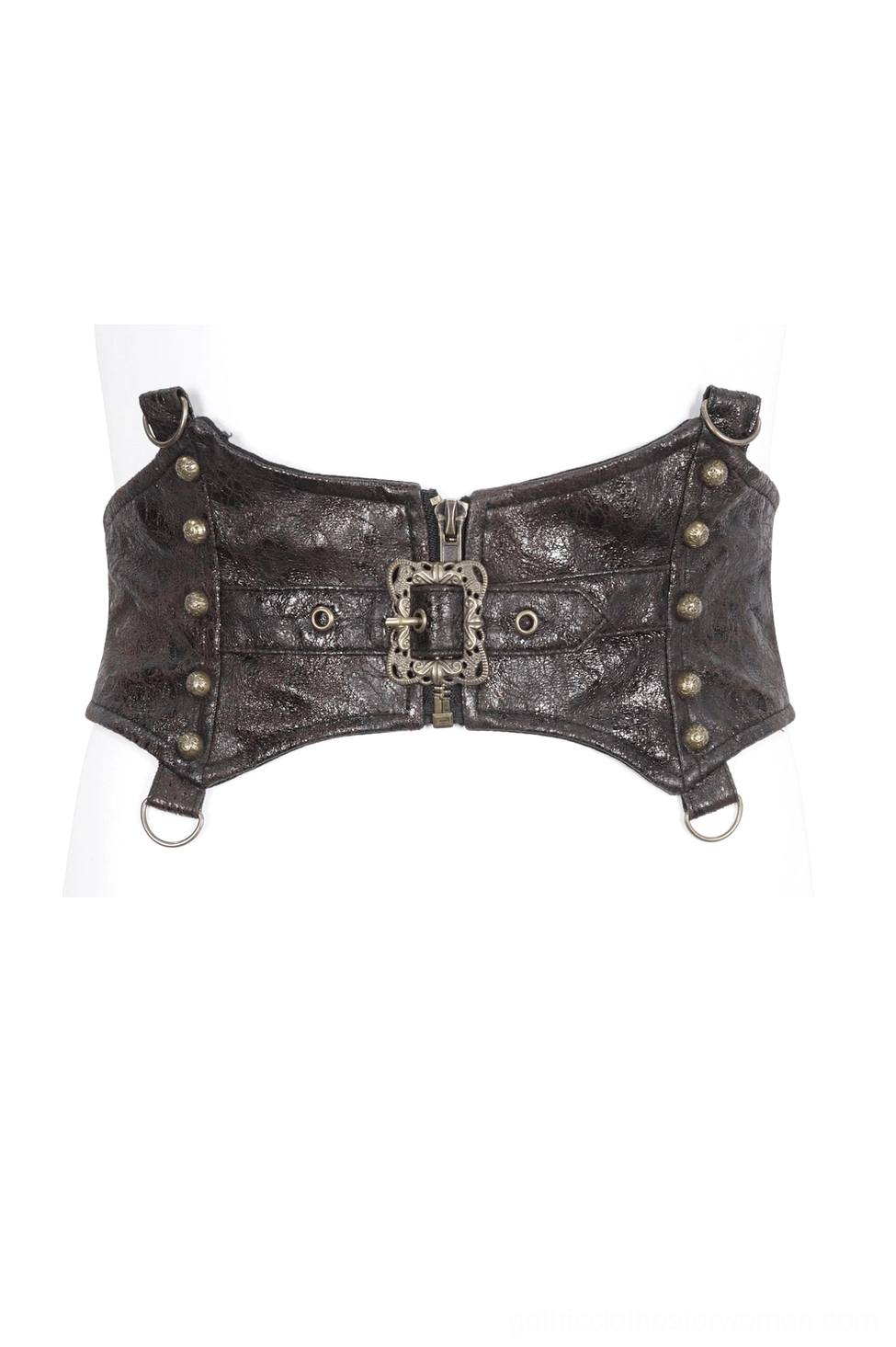 Steampunk leather waist corset belt flat front view showing distressed dark brown leather, front buckle, side D-rings, and rivet embellishments