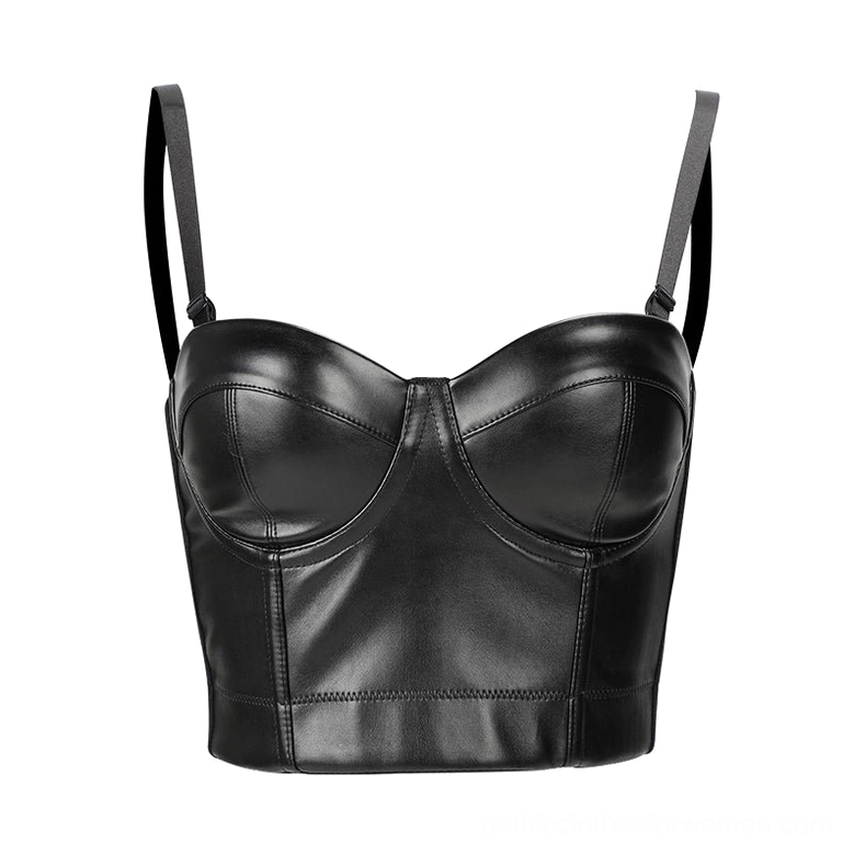 Black PU leather bustier crop bra flat lay front view showing underwire cups and detailed stitched seams