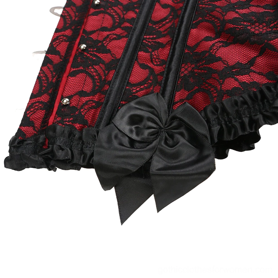 Gothic steampunk corset featuring ribbon tie closures, floral lace overlay, and dramatic silhouette architecture