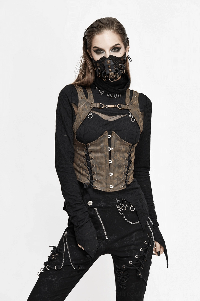 Back view of brown steampunk corset vest highlighting adjustable lace-up tie closure system