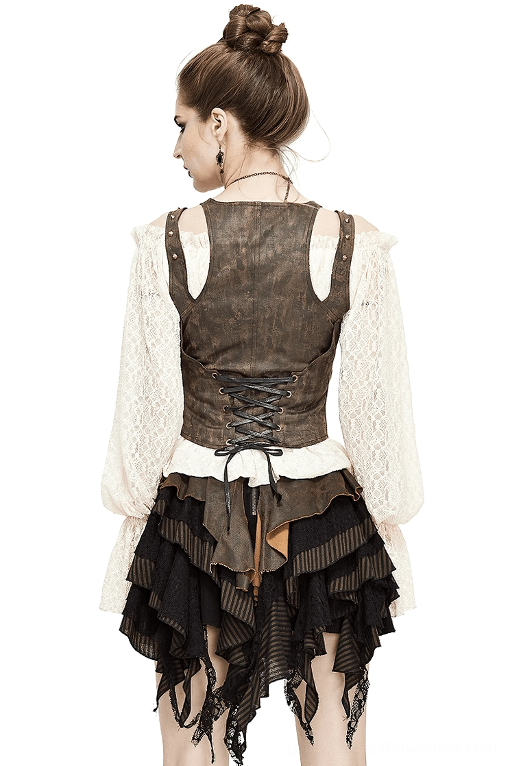 Back full-body view showcasing lace-up closure and adjustable corset design of steampunk vest