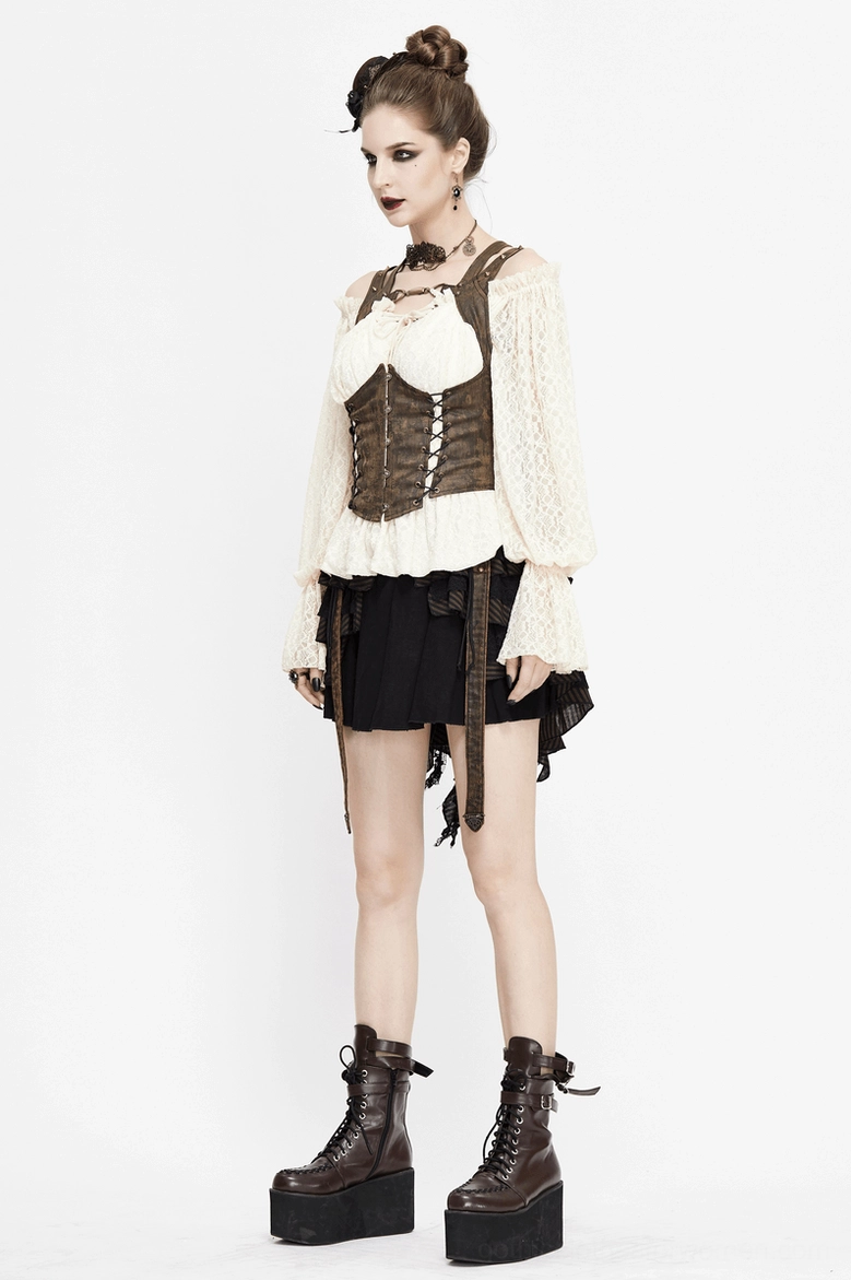 Back view of steampunk corset vest on model highlighting adjustable lace-up tie design
