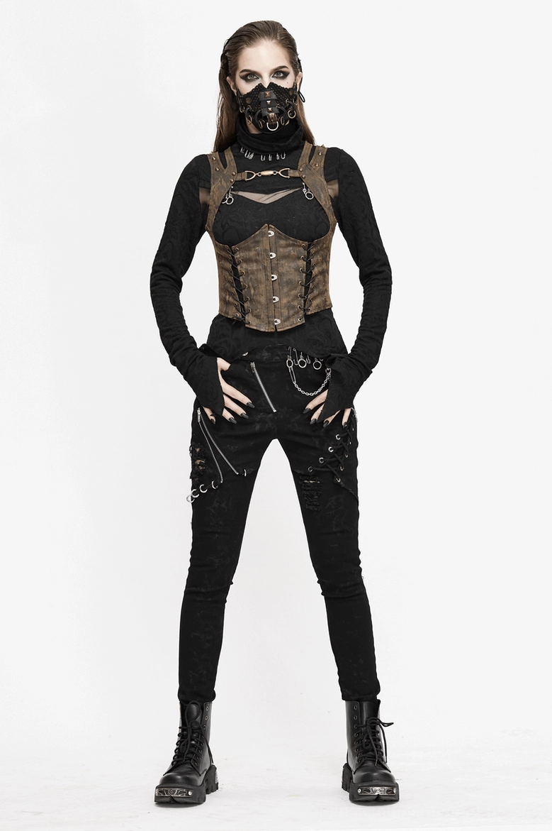 Overhead flat lay detail of brown steampunk corset vest showing rivet placement and construction