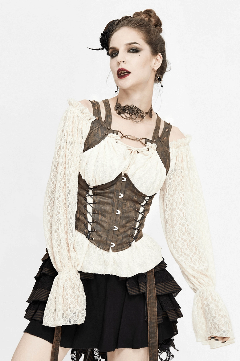 Full-length front view of steampunk corset vest displaying architectural silhouette and bronze details