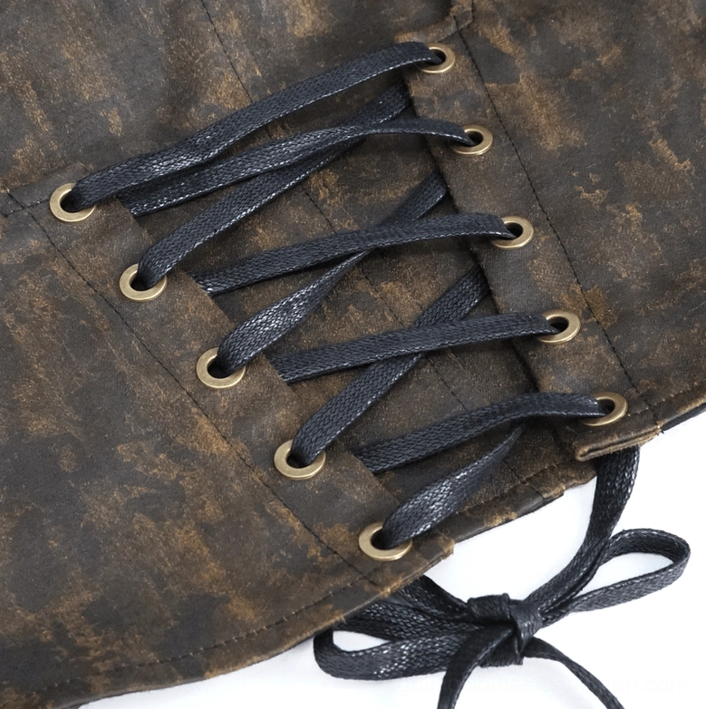 Texture detail of distressed vintage brown synthetic leather on steampunk corset vest