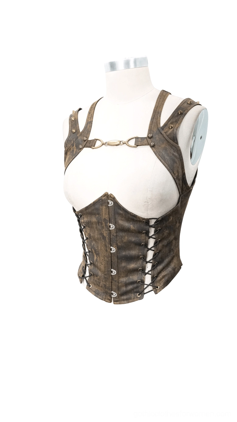 Side view of vintage brown steampunk corset vest showing silhouette and construction details