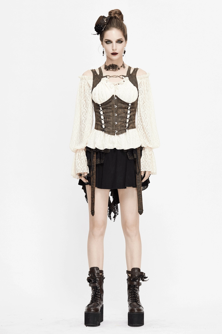 Steampunk corset vest on model showing how to style with layered alternative fashion pieces