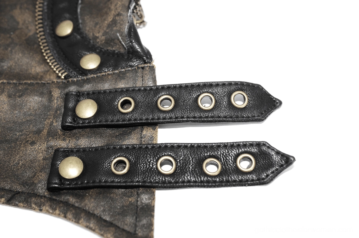 Close-up of steampunk glove adjustable eyelet strap with metal rivets and genuine leather craftsmanship