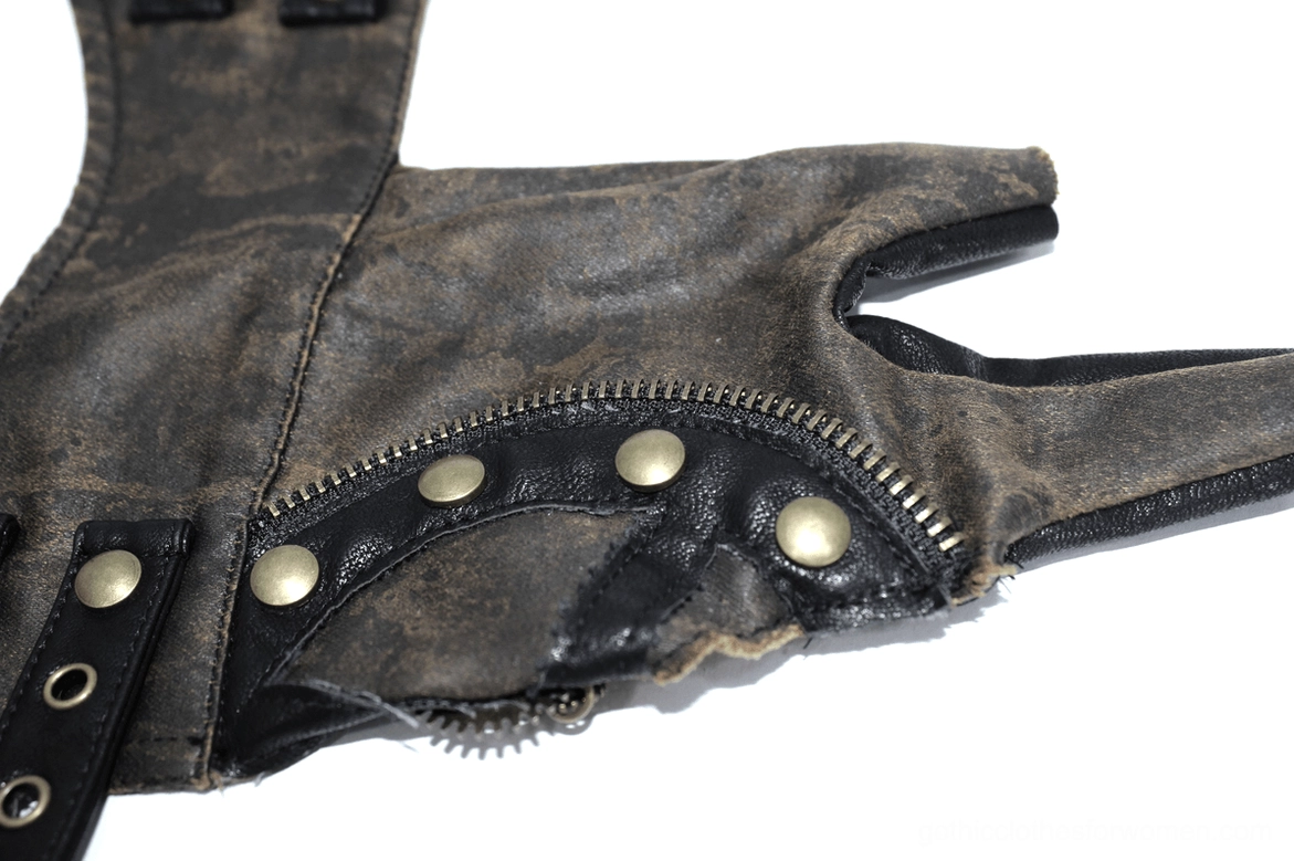 Detailed close-up of steampunk glove fingerless cutout with metal rivets and distressed brown leather texture