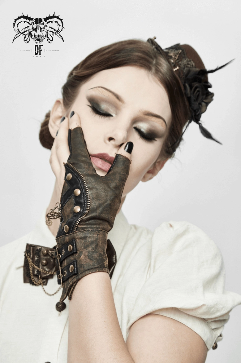 Steampunk glove full product view showing fingerless cut gear charms and distressed brown finish