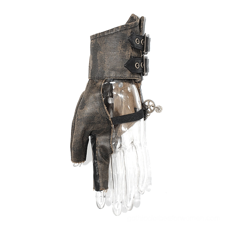 Single steampunk fingerless glove on clear acrylic hand mold displaying gear charm and buckle wrist strap