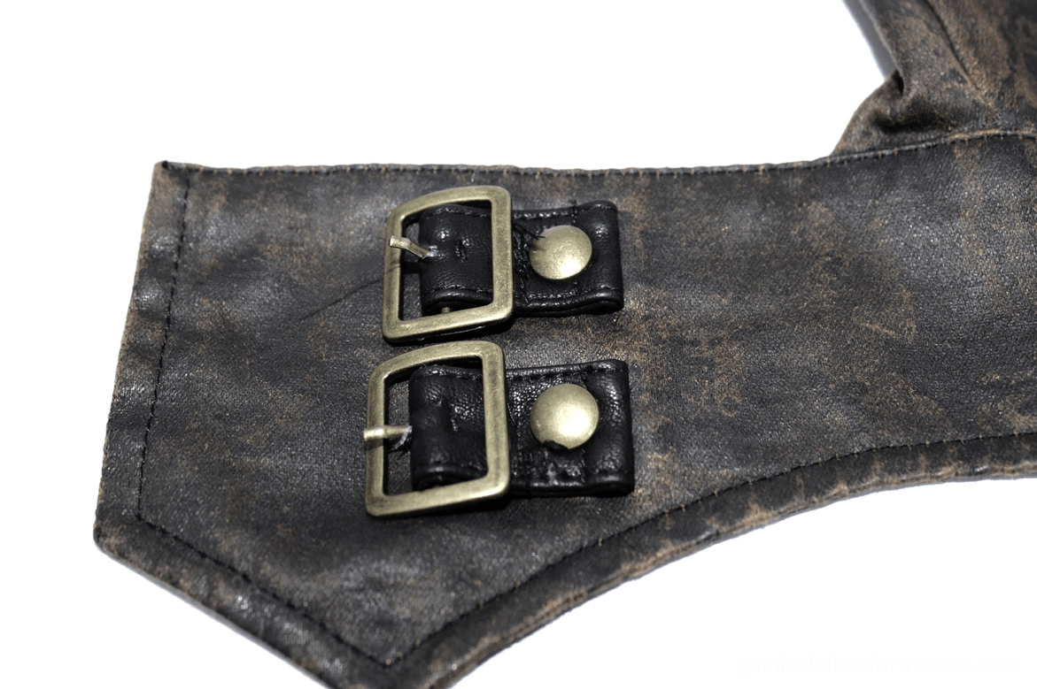 Steampunk glove wrist strap component with antique brass buckles and dark distressed leather