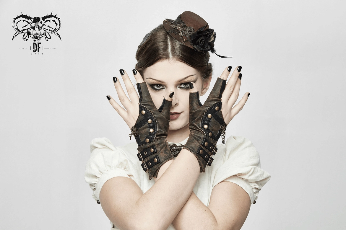 Steampunk fingerless gloves product display highlighting buckle closures and layered leather construction