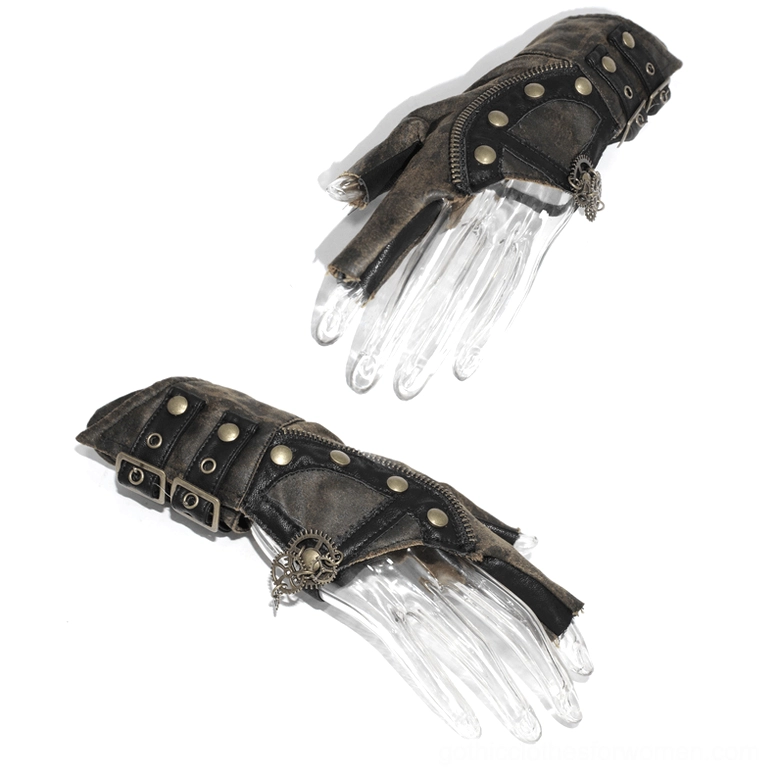 Pair of brown leather fingerless steampunk gloves flat lay on acrylic hands showing distressed finish and gear pendants
