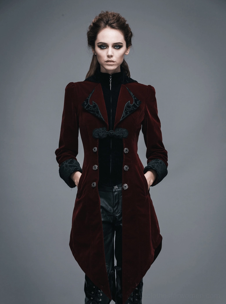 Steampunk gothic coat with high stand collar - burgundy velvet and ornate embroidery