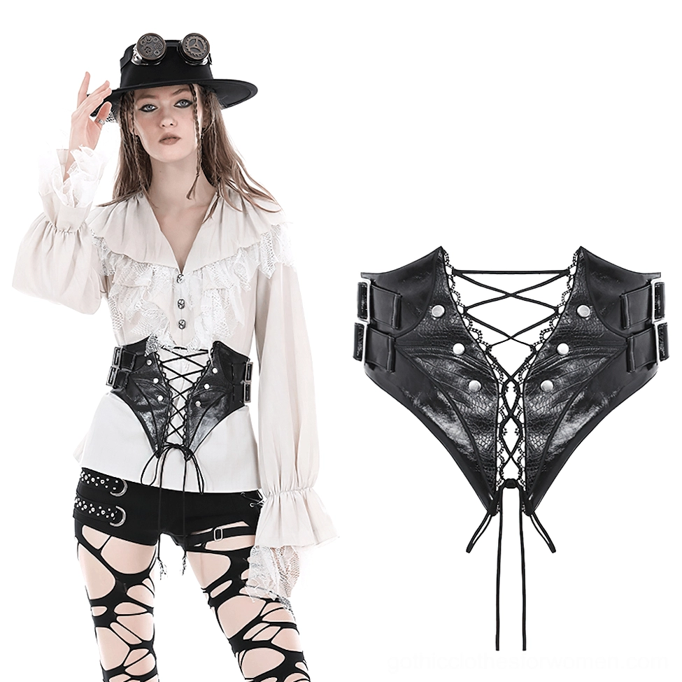 Steampunk styled female model wearing black lace-up corset belt with gothic outfit ensemble front portrait view