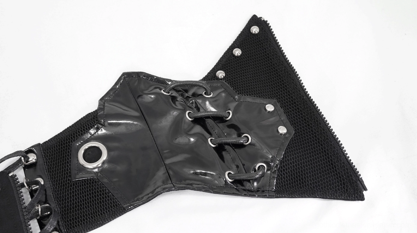 Black steampunk gothic corset belt with metal hardware and faux leather construction, product angle showcase