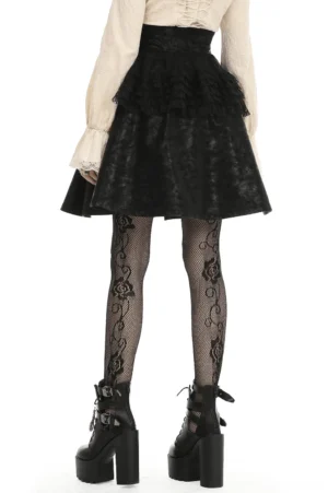 Gothic steampunk mini skirt rear view showing adjustable corset lace-up back and distressed PU leather with ruffled lace hem