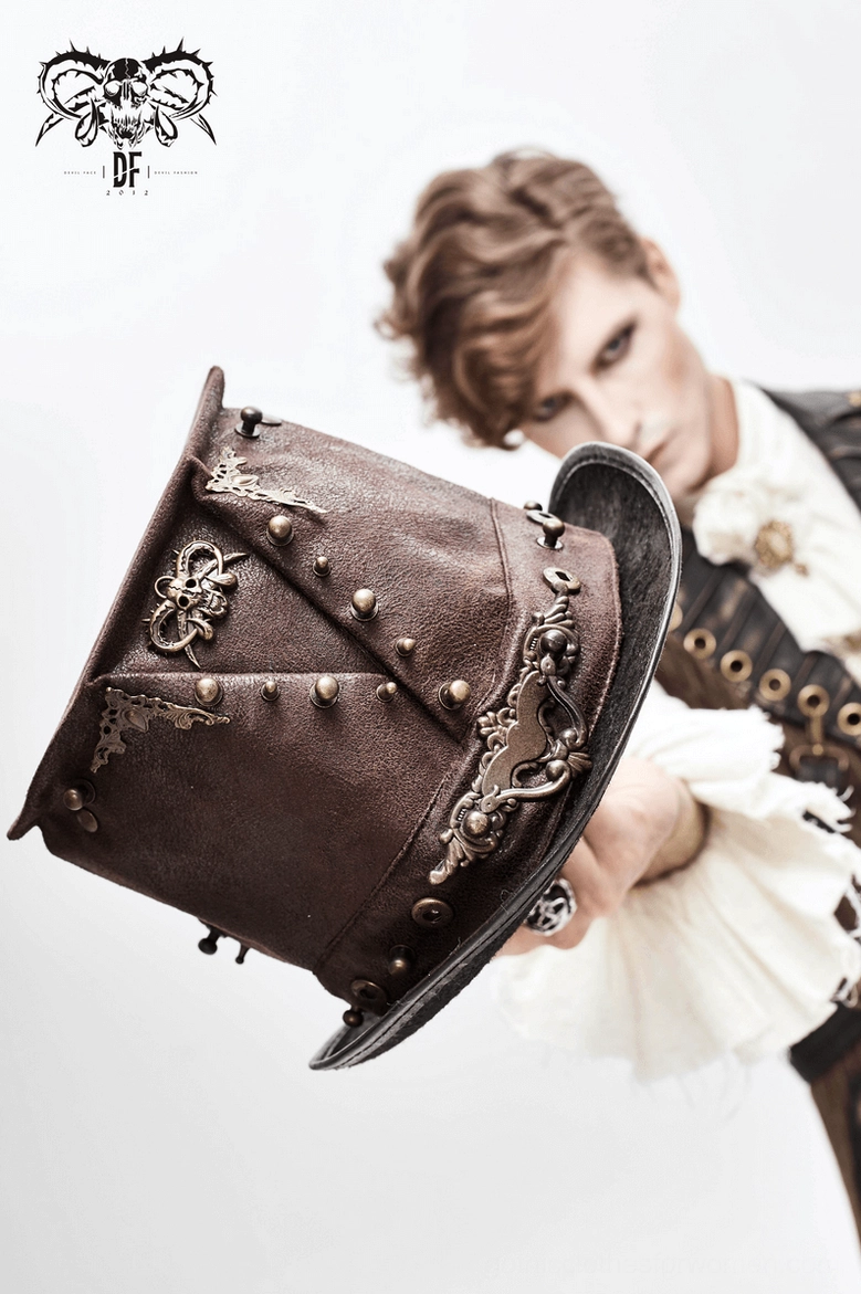 Steampunk gothic hat showcasing rich dark brown leather finish, ornate metal decorations, and vintage-inspired top hat silhouette