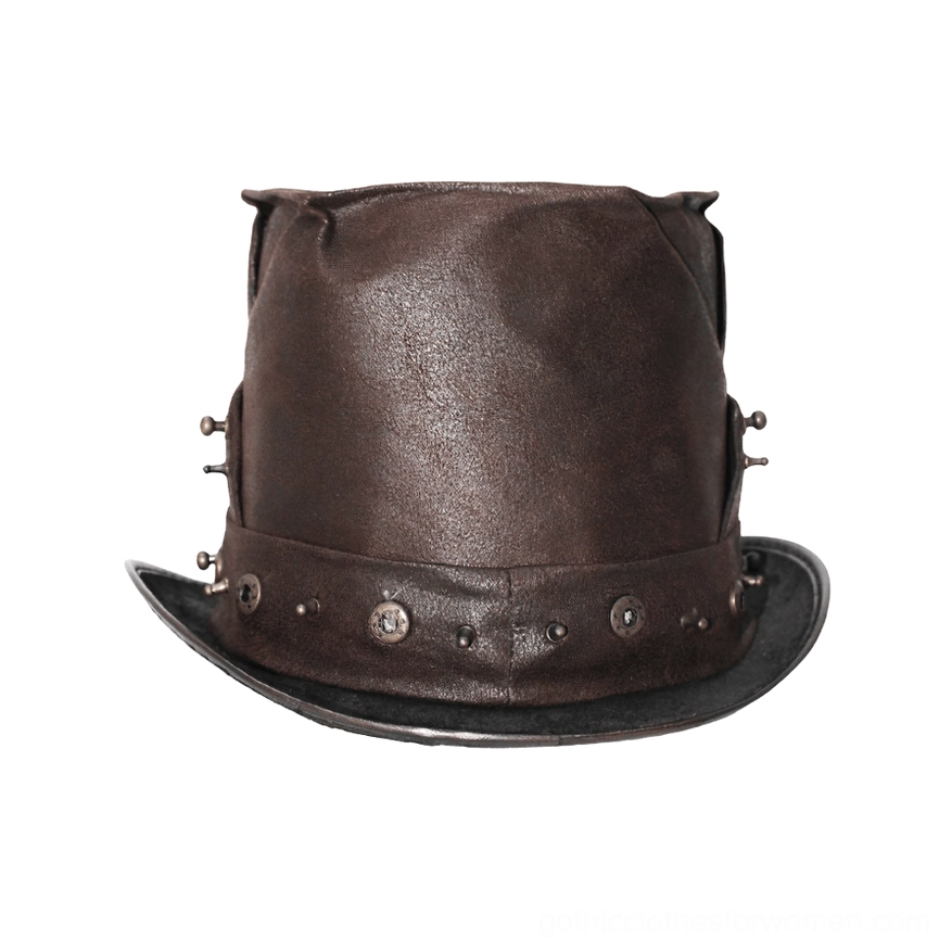 Rear side view of steampunk top hat displaying plain leather back, side-positioned metal rivets, and elegant curved brim structure