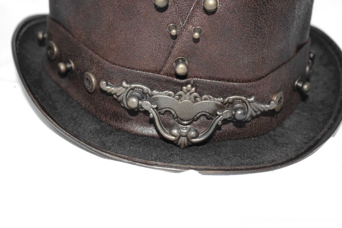 Gothic steampunk leather hat featuring prominent skull metal centerpiece, hexagonal crown structure, and industrial rivet embellishments