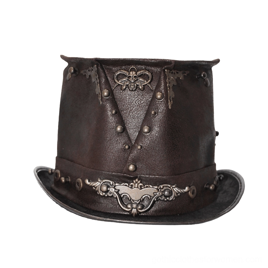 Close-up front view of dark brown PU leather steampunk top hat with carved metal skull ornament and decorative front band metalwork