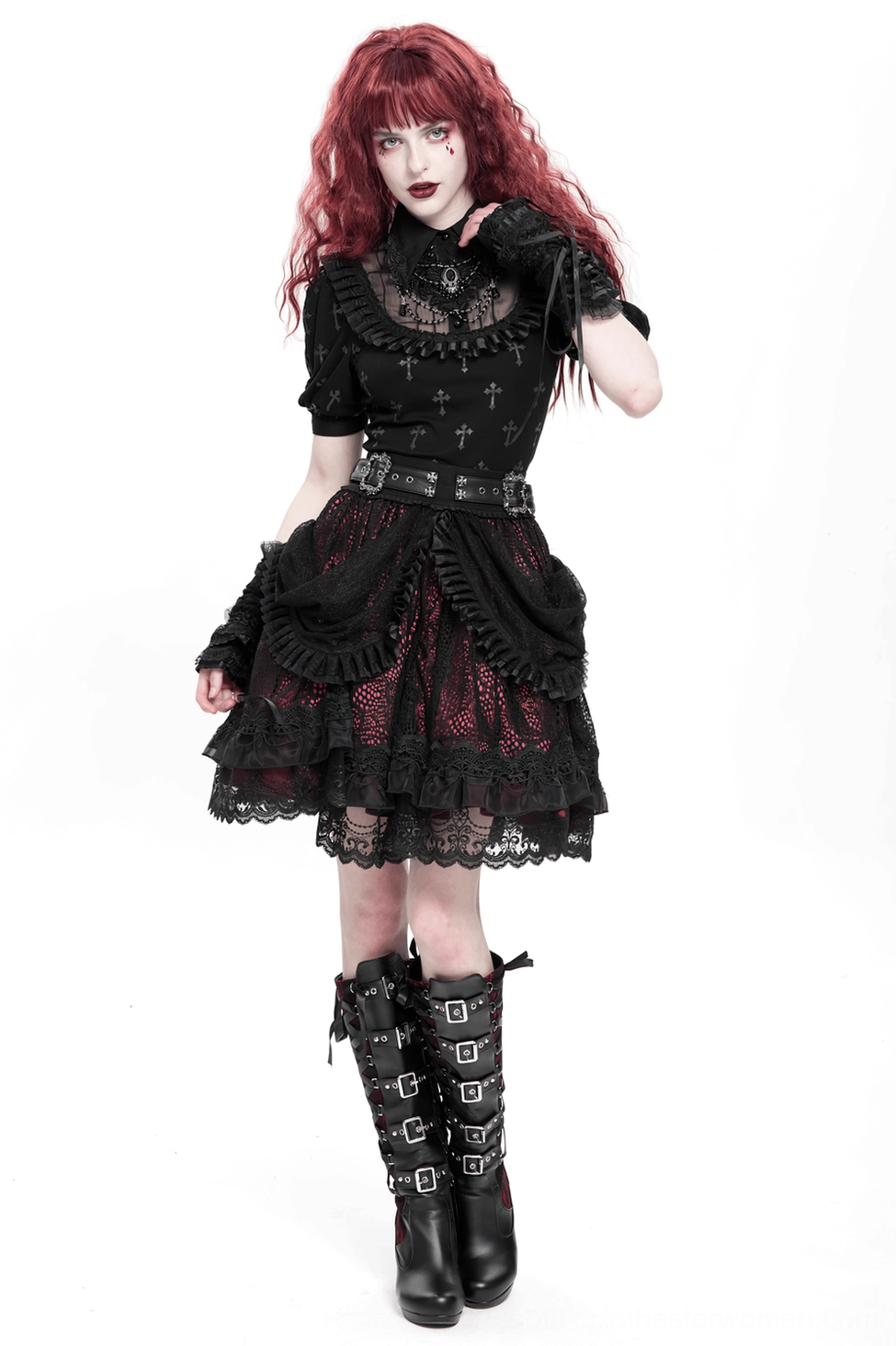 Steampunk-inspired gothic lace skirt with ornate hardware belt and dramatic layered construction