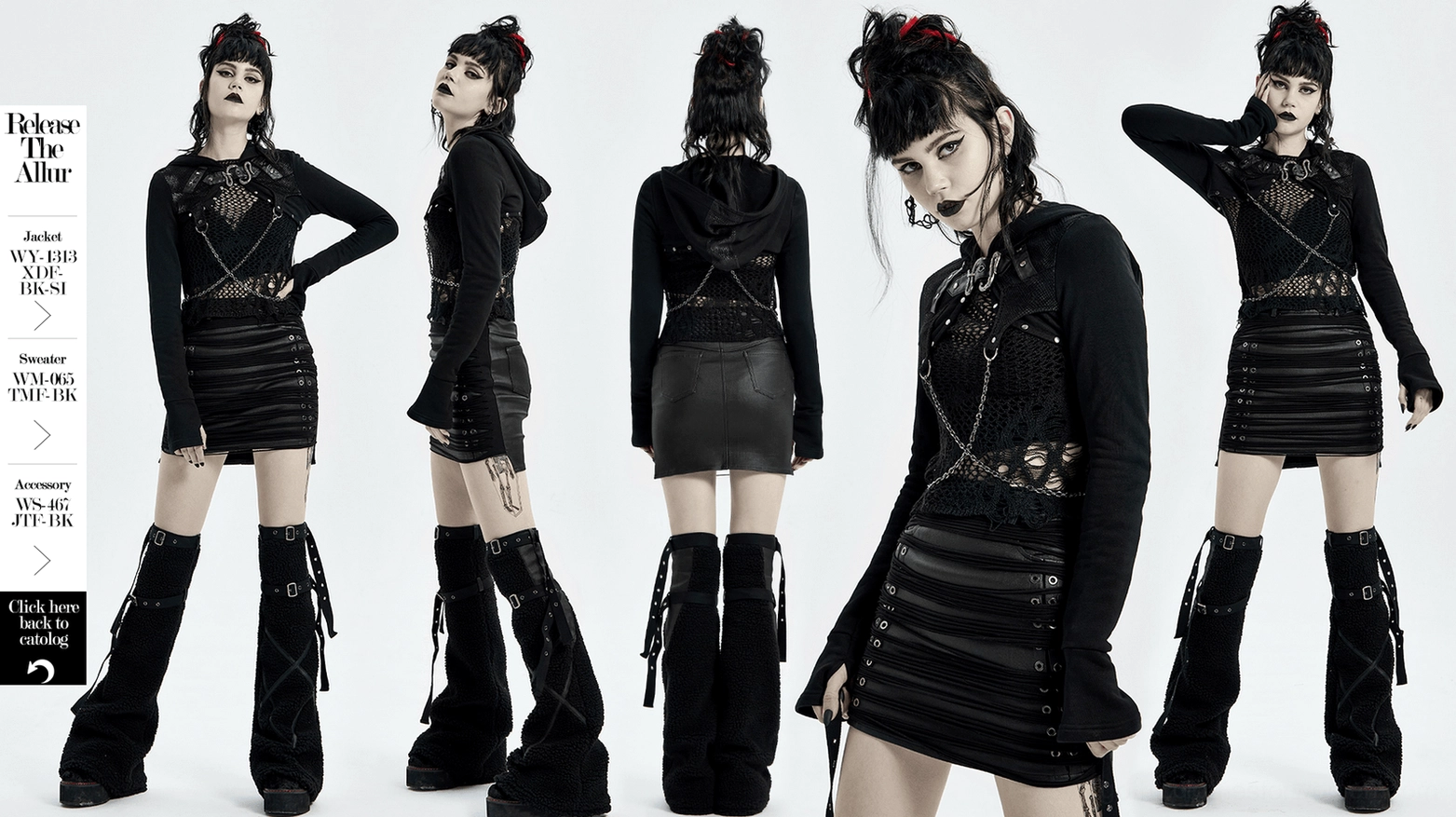 Black PU leather steampunk half skirt with metal grommets slim fit minimalist display