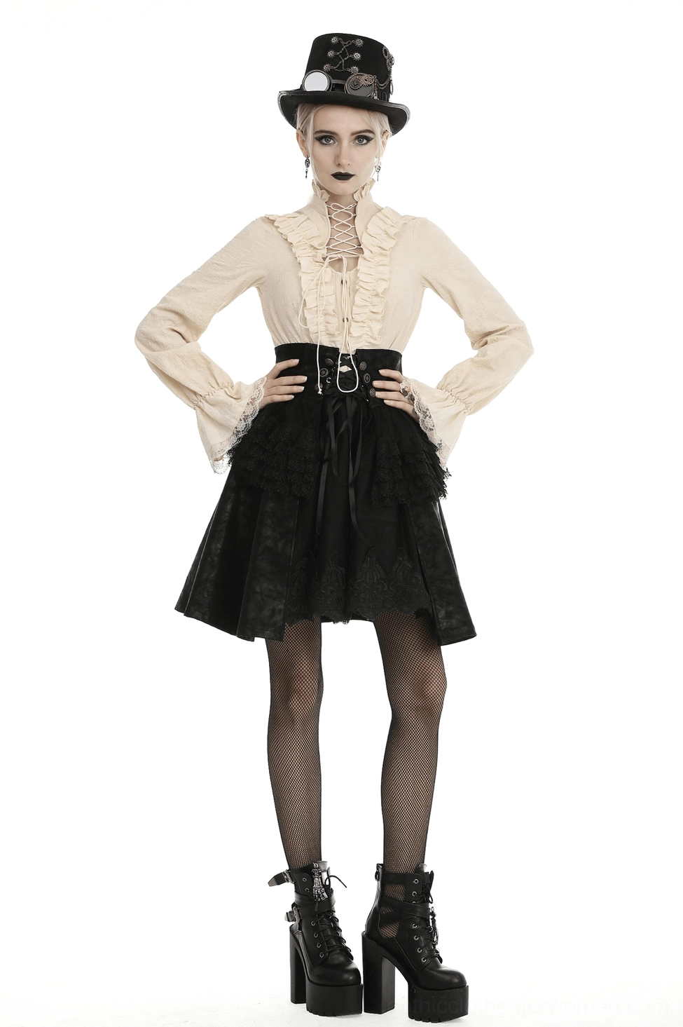 Steampunk gothic mini skirt detailed view showcasing layered lace, PU leather construction and corset waist design