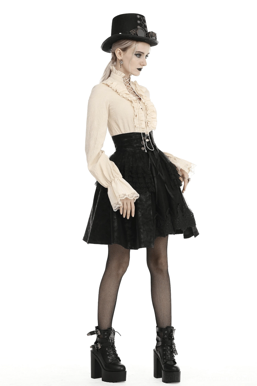Black gothic steampunk mini skirt side profile showing high-waisted silhouette and A-line ruffled lace design