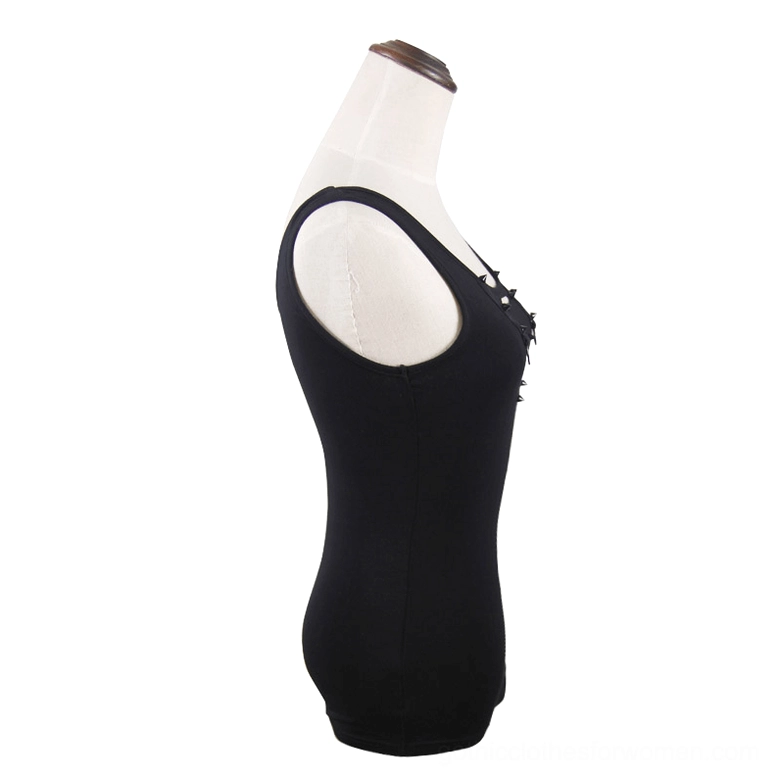 Side view of black steampunk gothic tank top on mannequin showing studded shoulder details and form-fitting silhouette