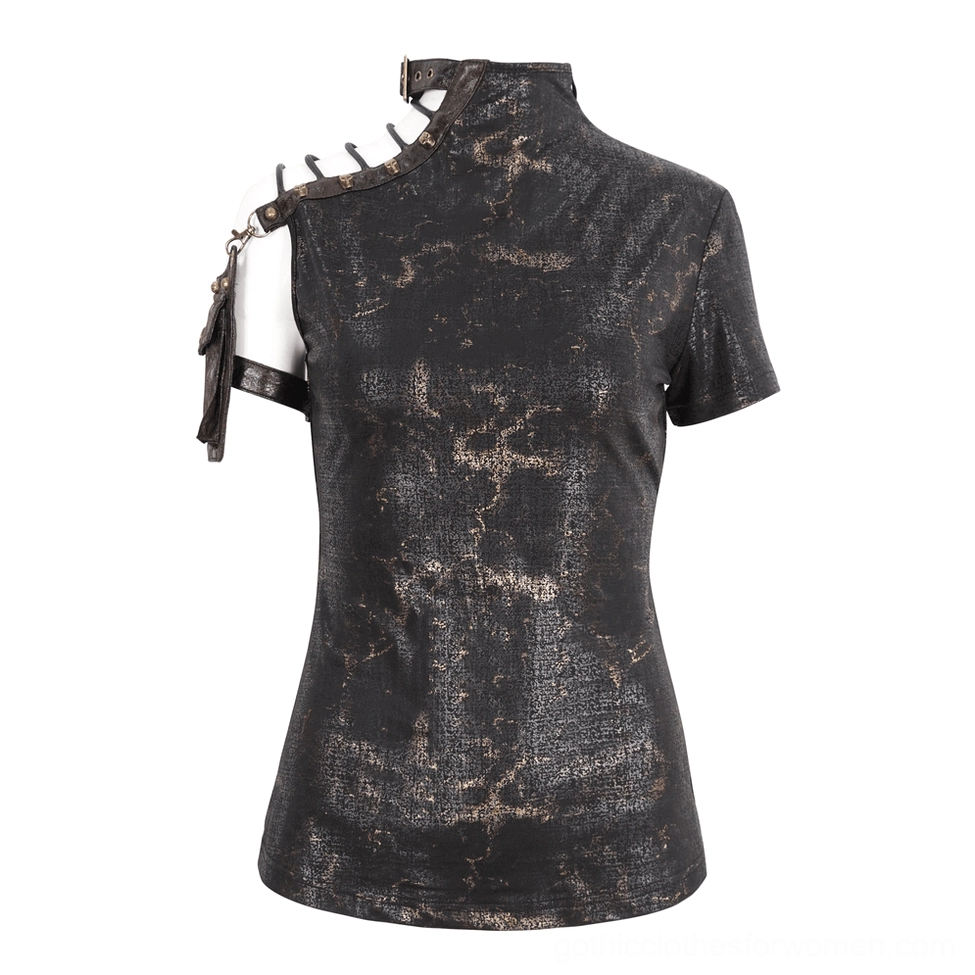 Steampunk gothic t-shirt flat lay front view - distressed bronze metallic print and asymmetrical collar