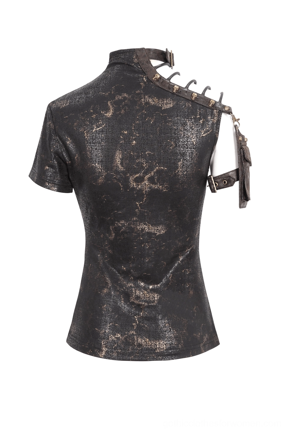 Black gothic t-shirt rear flat view - asymmetrical neckline and bronze distressed metallic print