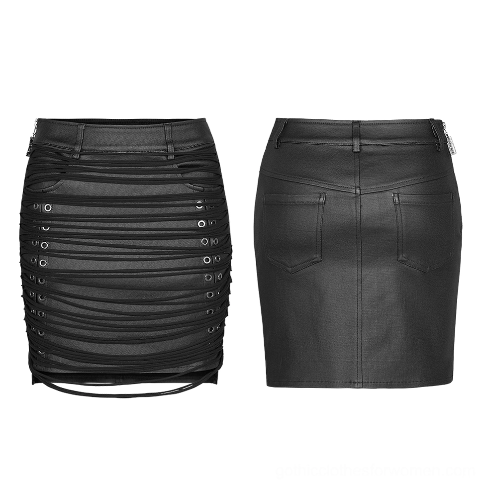 Black PU leather steampunk skirt flat lay front and back showing metal grommets lace-up and pockets detail