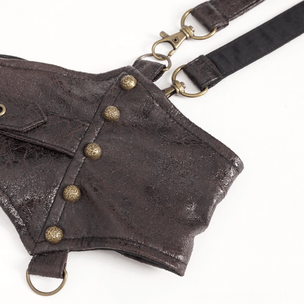 Steampunk leather harness adjustable strap mechanism showing buckle closure system and strap width measurement detail