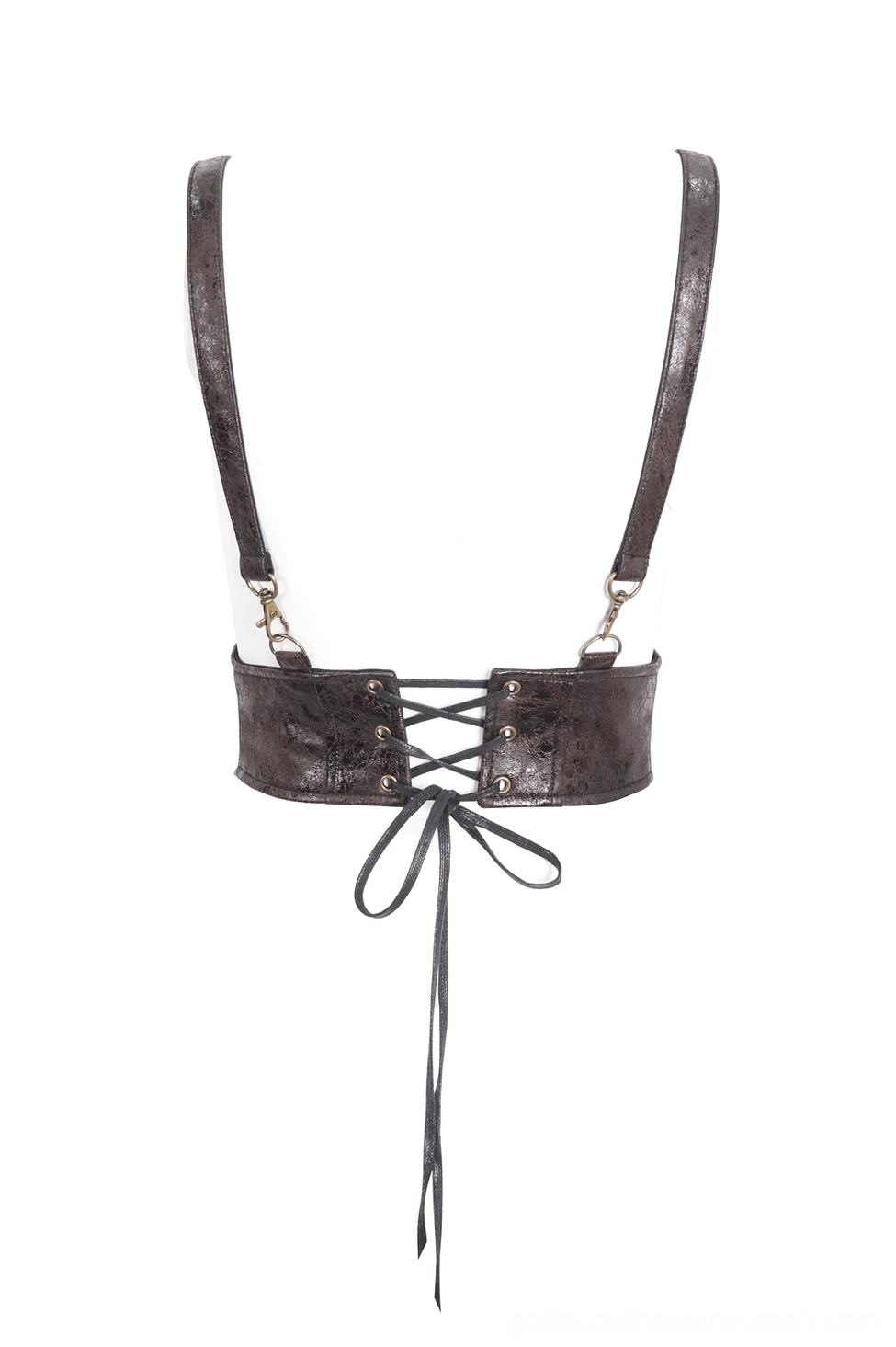 Steampunk leather harness back piece detail on mannequin torso showing lace-up drawstring closure with metal eyelets and simple strap design