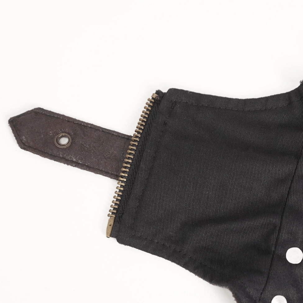 Steampunk leather harness D-ring attachment points and side rivet placement for accessory customization and decoration
