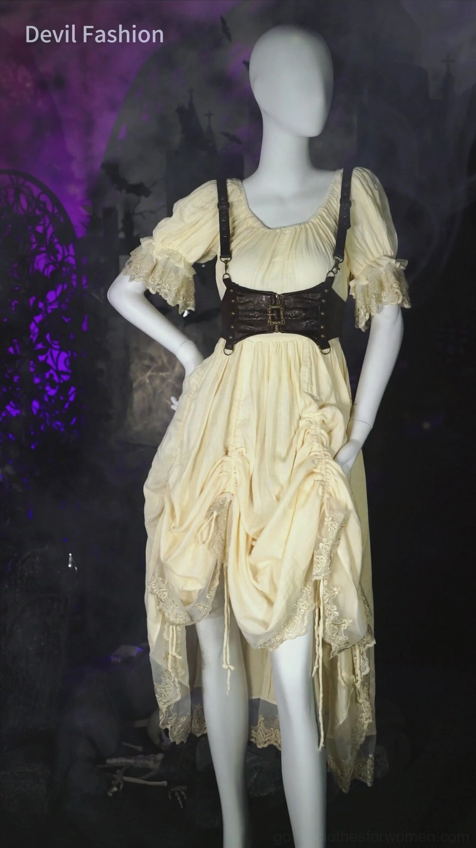Steampunk leather harness worn on dress form mannequin with vintage yellow dress, 3-4 angle side view against dark fantasy studio background