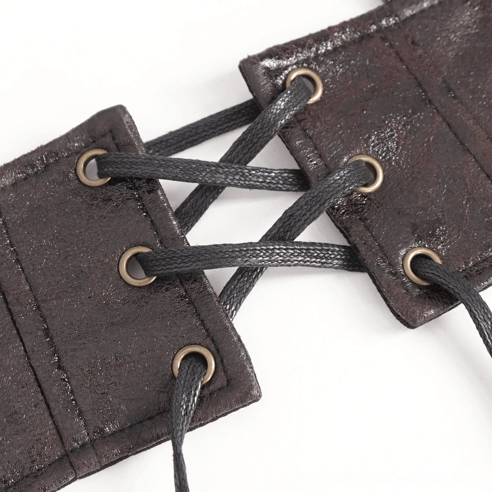 Close-up detail of steampunk harness lacing showing waxed fabric laces, metal eyelets, and textured distressed leather construction