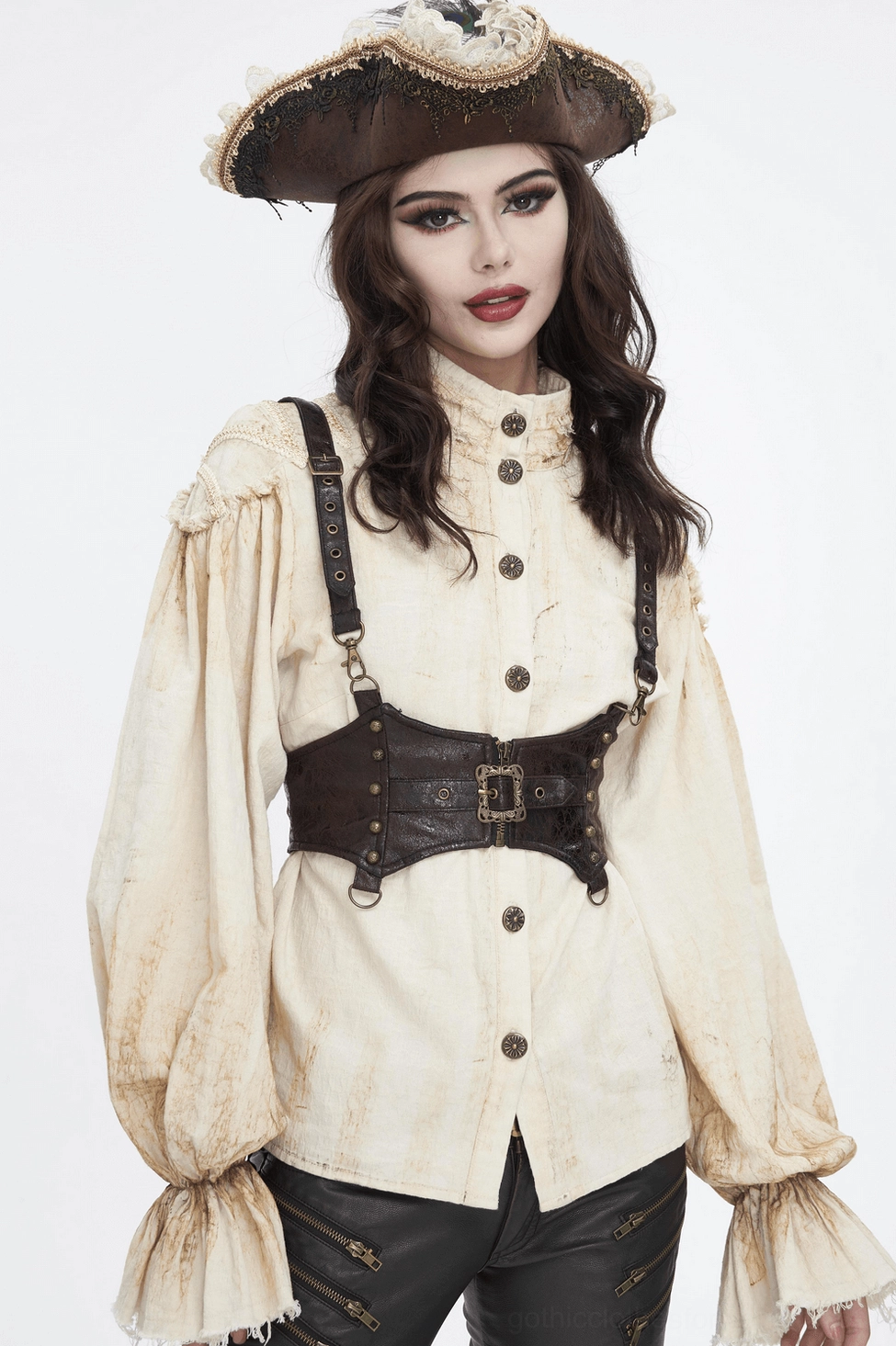 Steampunk leather harness worn styling suggestion showing how to layer and wear harness with alternative fashion clothing