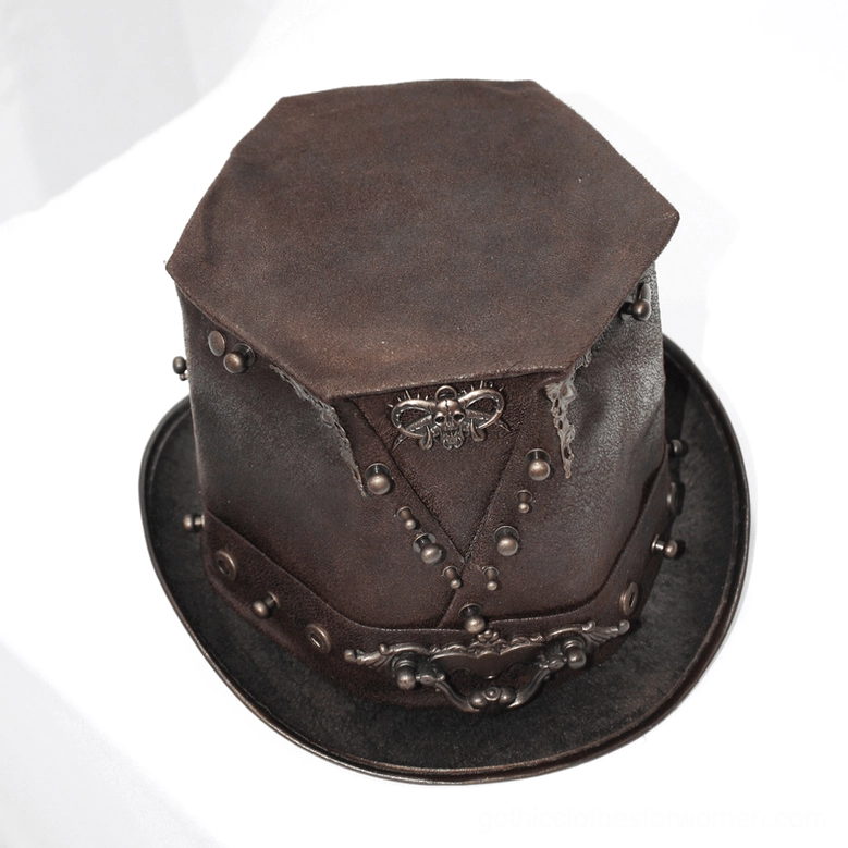 Oblique top-down view of hexagonal crown steampunk hat showing crown geometry, matching metal decorative elements and rivet placement