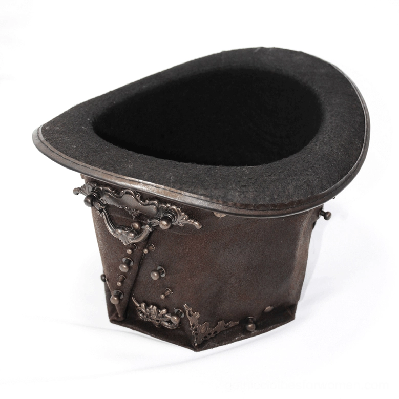 Rear low side angle of steampunk gothic hat revealing dark fabric interior lining and ornate front metal decorative accents