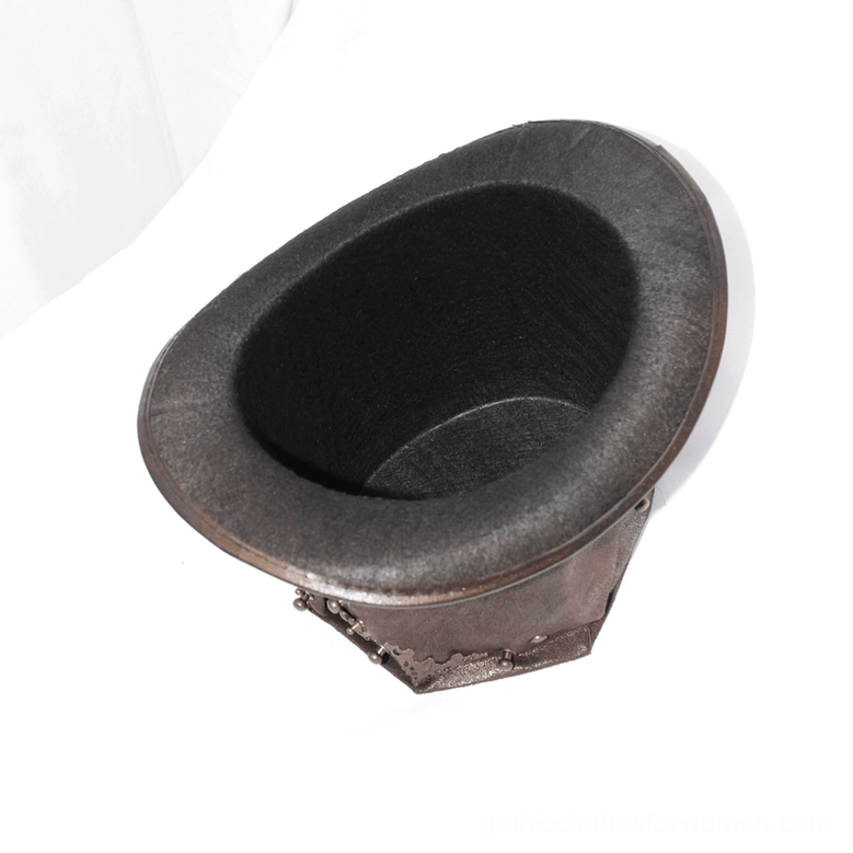 Interior side view of steampunk top hat showing inner structural construction, fabric lining, and exterior metal base decorations