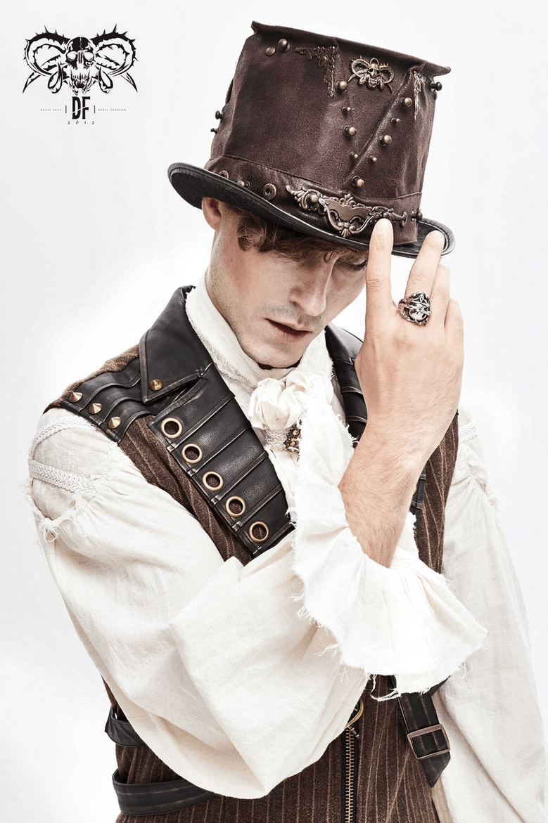 Detailed product shot of gothic steampunk hat showcasing PU leather texture, bronze hardware, skull ornament, and industrial rivet design